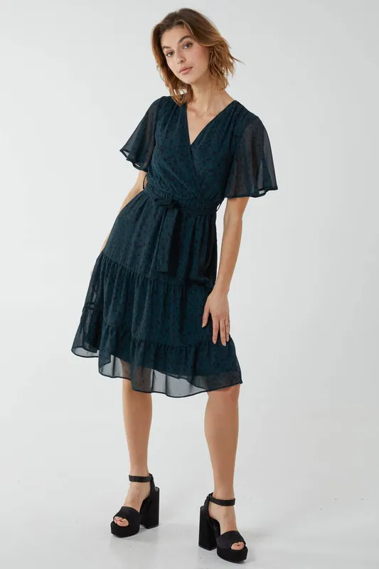 Flutter Sleeve Midi Wrap With Tie Dress - Blue Vanilla