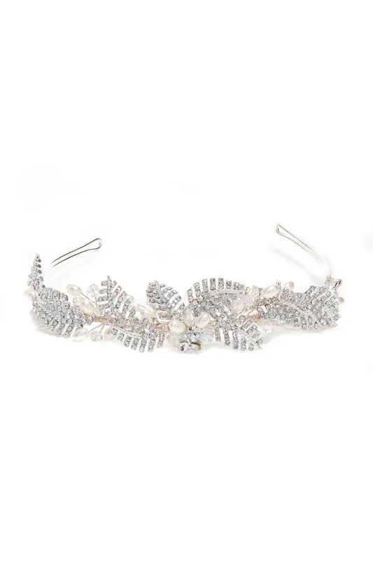 Leah Crystal Pave Leaf And Pearl Tiara - Gift Pouch