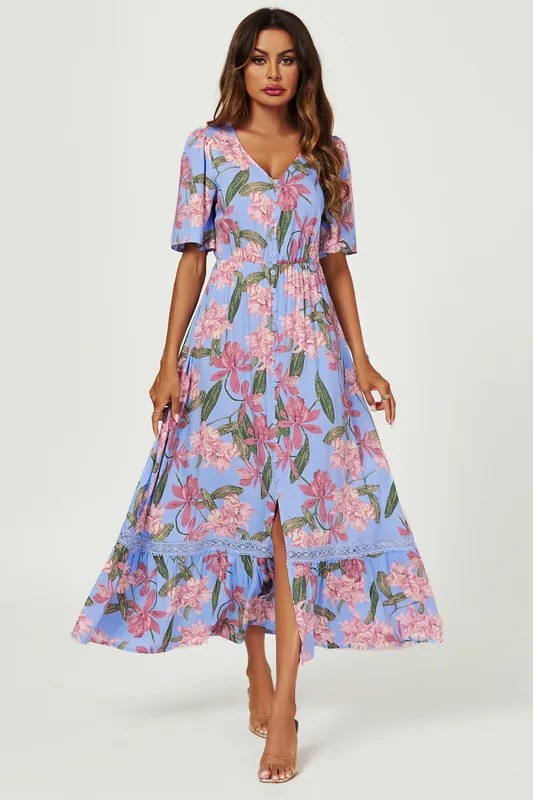 Floral Print Lace Detail Maxi Dress In Blue - FS Collection