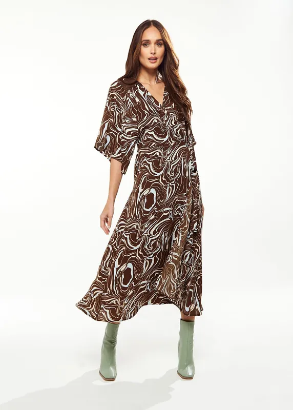 Scribble Print Maxi Wrap Dress With Kimono Sleeves In Brown - Liquorish