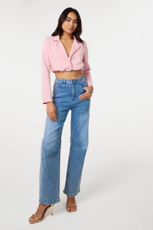 Pink Crop One Button Puffball Blazer Jacket - Pink Vanilla