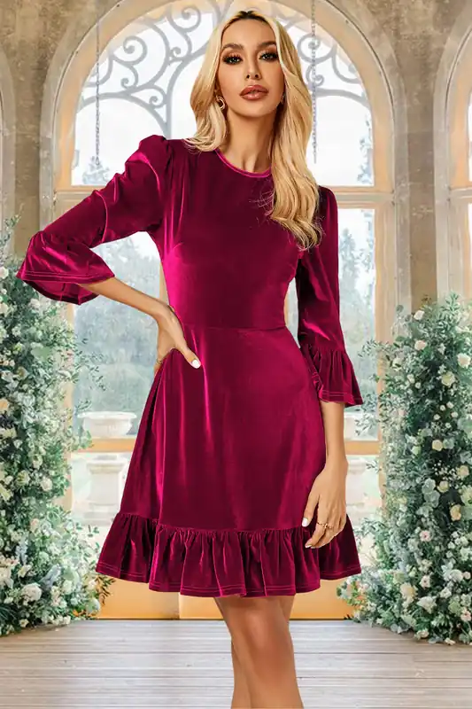 Velvet Frill Detail Mini Dress In Violet Red - FS Collection