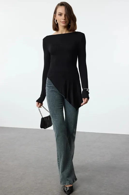 Asymmetric Textured Knit Blouse With Soft Draped Hem - WOVCOR
