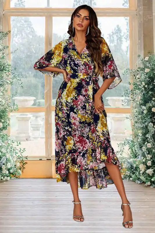 Floral Print Wrap Top Kimono Sleeve Maxi Dress In Navy - FS Collection