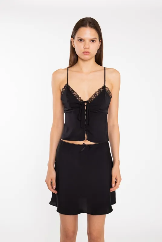 Black-Satin V Neck Cami-Top