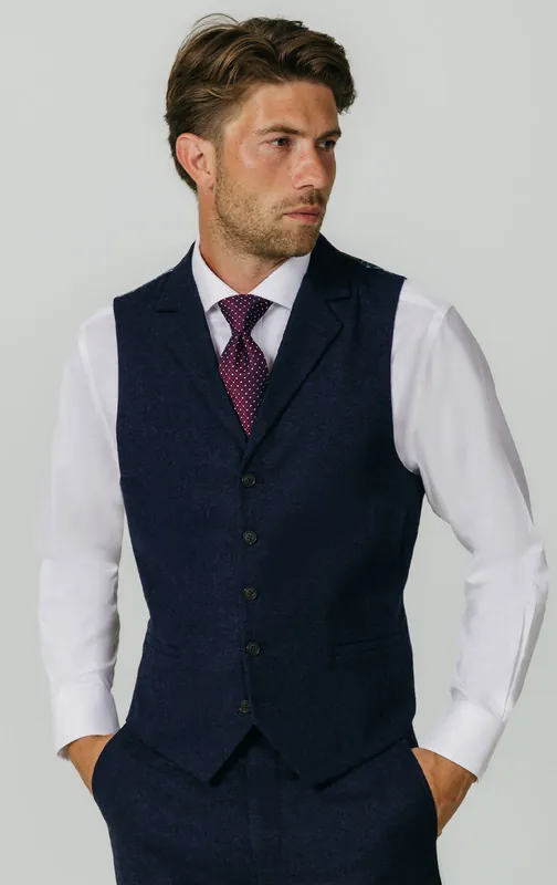 Navy Notch Lapel Donegal Tweed Waistcoat - Dobell