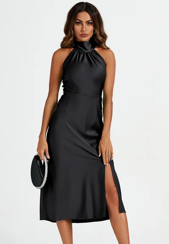 Satin Halter Neck Tie Back Cut Detail Split Midi Dress In Black - FS Collection