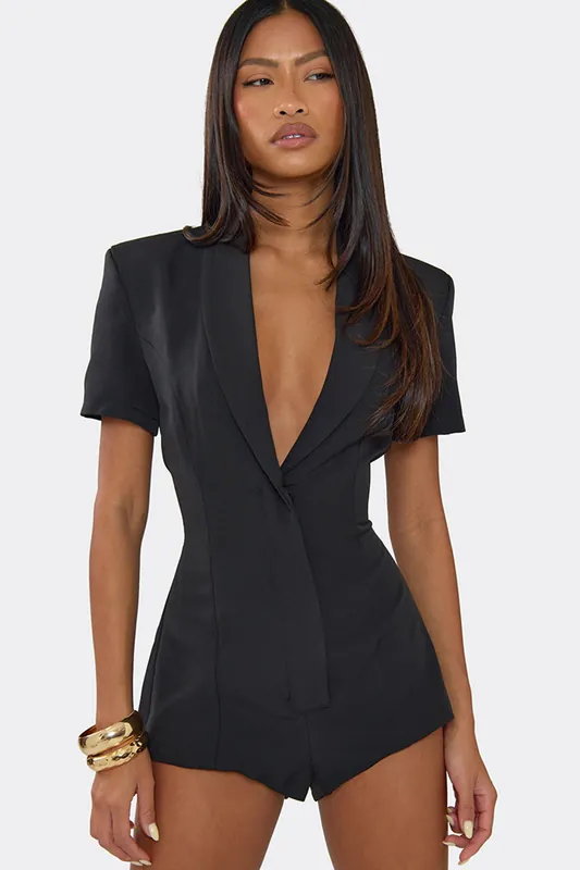 Blazer Style Short Sleeve Plunging Neckline Mini Playsuit - EGO