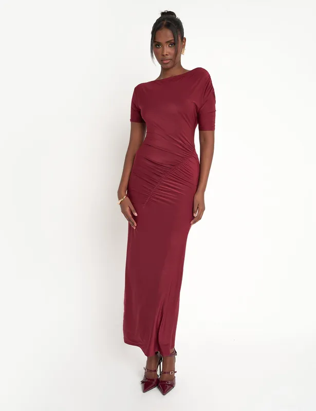 Slinky Ruched Detail Maxi Dress Burgundy - Public Desire
