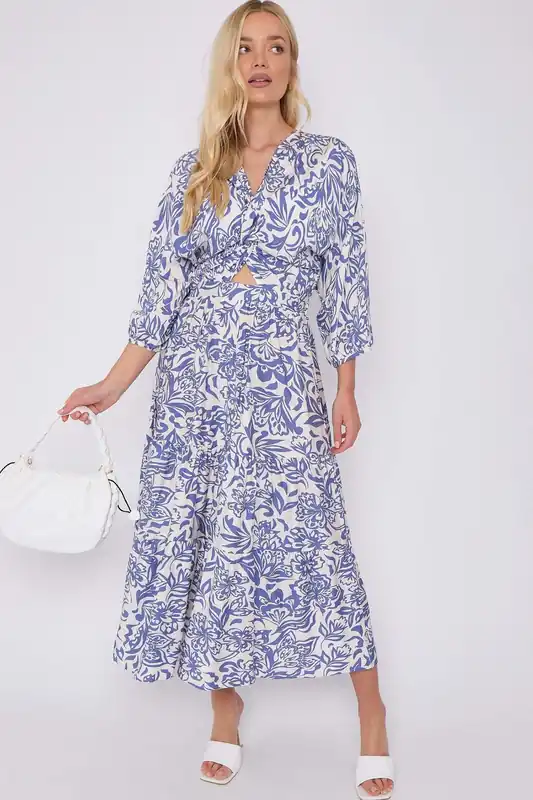 Blue Floral Print Knotted Long Sleeve Maxi Dress - Love Sunshine