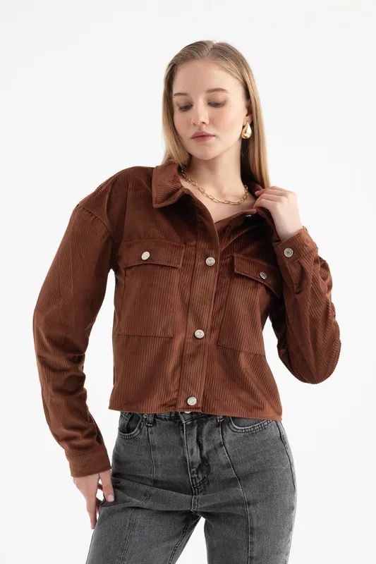 Corduroy Polo Collar Buttoned Pocket Jacket - Hiccup
