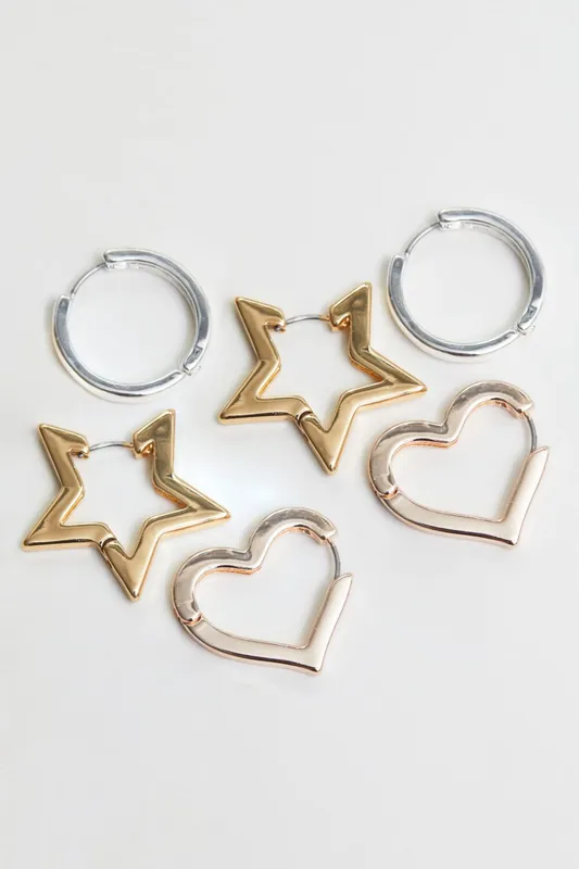 Tri Tone Polished Meaningful Hoop Earrings - Pack of 3