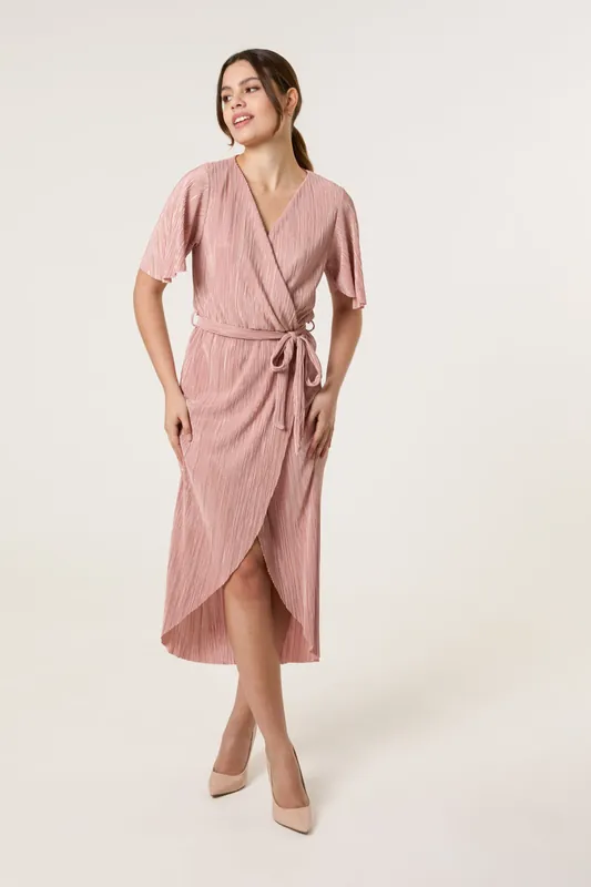 Pink Plisse Wrap Over Midi Dress - Blue Vanilla