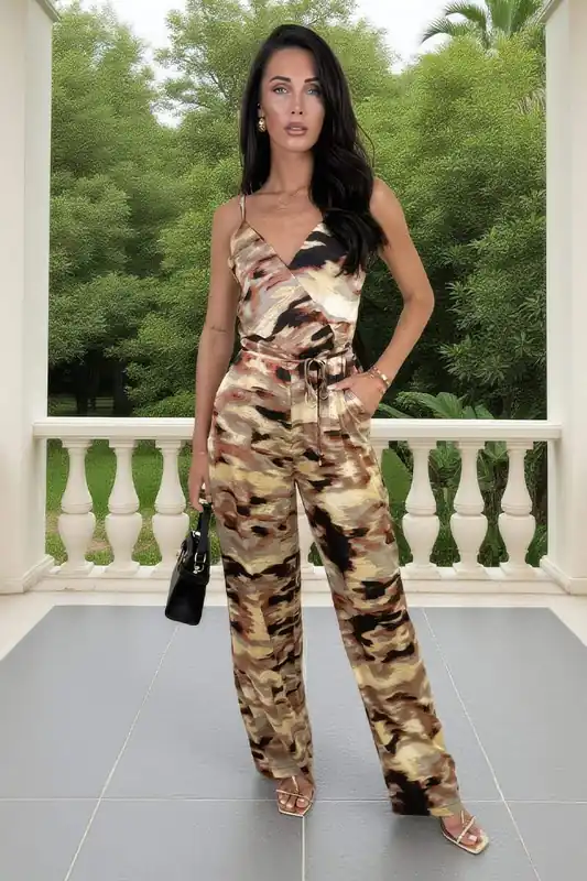 Brown Smudge Print Strappy Tie Waist Jumpsuit - AX Paris