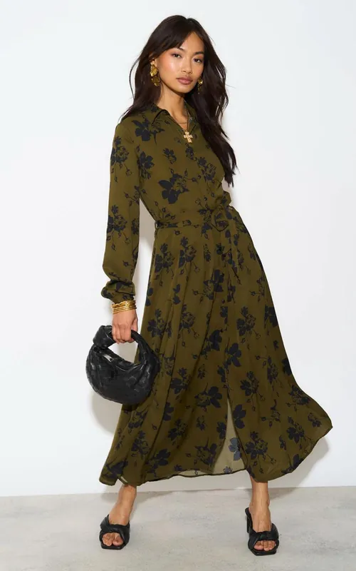 Floral Print Long Sleeve Midaxi Shirt Dress - Love Sunshine