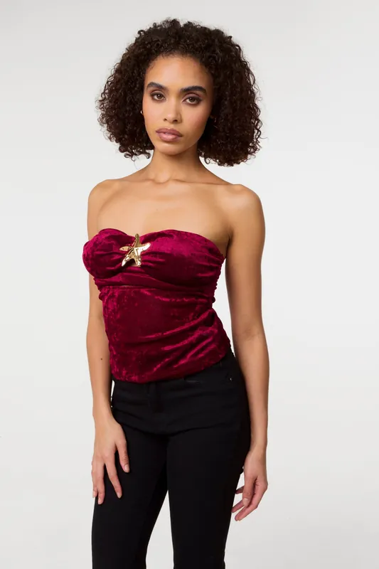 Wine Soft Shimmer Velvet Texture Bra Cup Top - Pink Vanilla