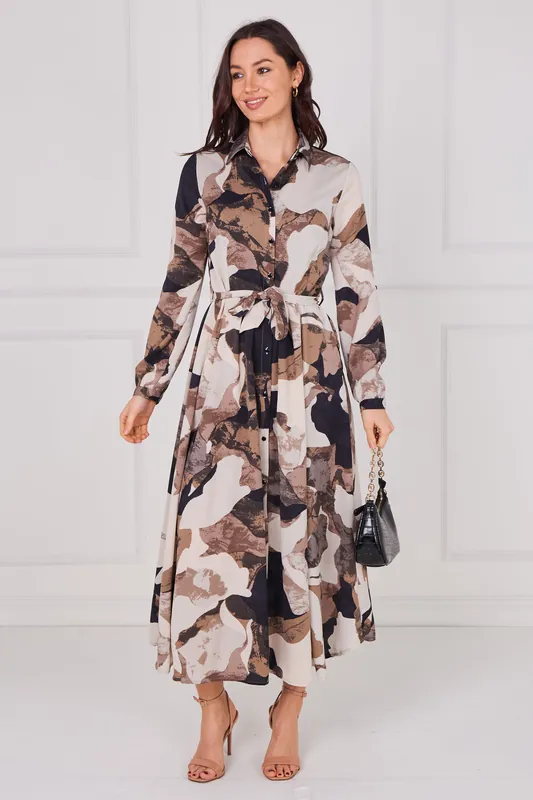 Latte Abstract Print Belted Midaxi Shirt Dress - Love Sunshine