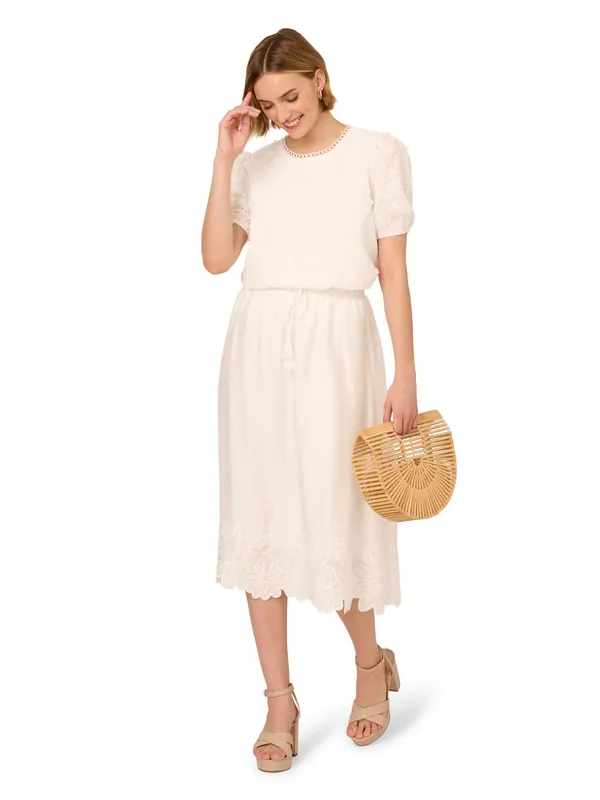 Midi Length Crinkled Pull On Flower Embroidered Hem Skirt - Adrianna Papell
