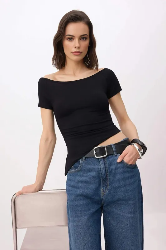 Off Shoulder Short Sleeve Fitted Bodycon Top - WOVCOR
