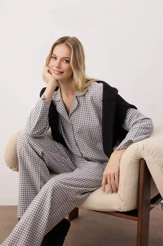 Grid Check Revere Collar Long Sleeve Cotton Flannel Woven Pyjama Set - WOVCOR