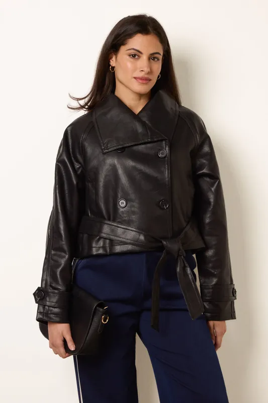 Black Double Breasted Leather Look Jacket - Blue Vanilla