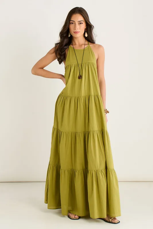 Khaki Tiered Halter Maxi Trapeze Dress - Gini London