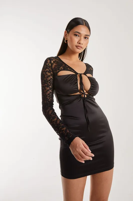 Lace Long Sleeve Cut Out Mini Dress - Pink Vanilla