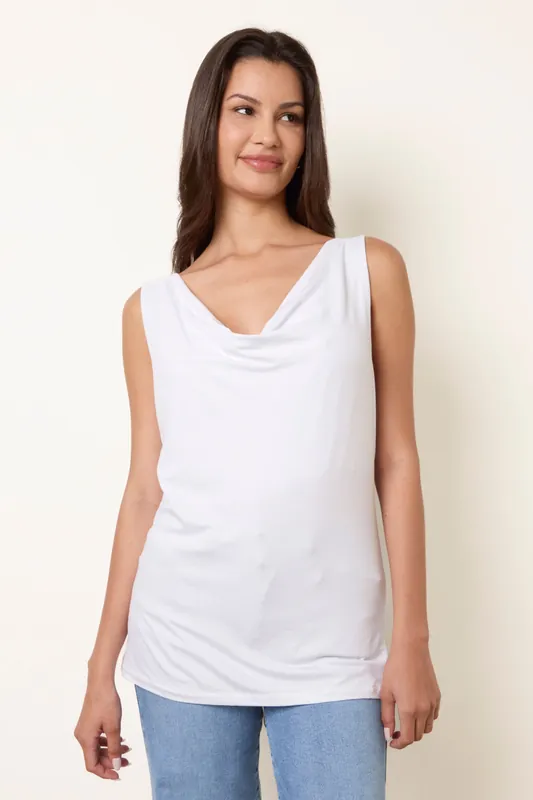 White Sleeveless Cowl Neck Viscose Jersey Top - Blue Vanilla