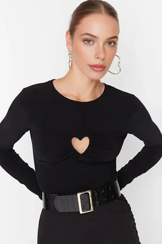 Heart Cut Out Long Sleeve Knit Bodysuit - WOVCOR