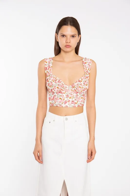 Ruched Corset Crop-Top in Pink Multi Floral Lace