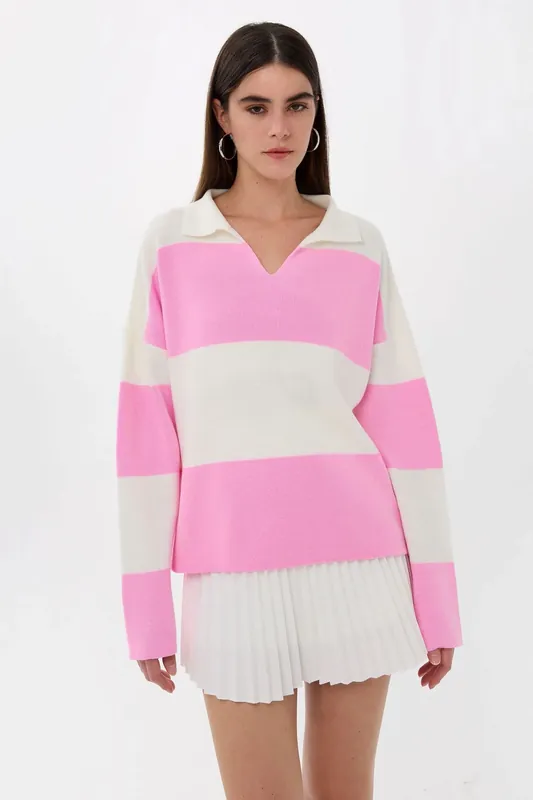 Striped Polo Collar Knit Sweater - Hiccup