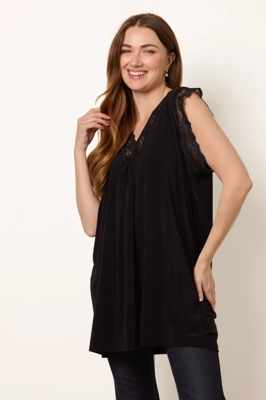 Black V Lace Trim Top - Blue Vanilla