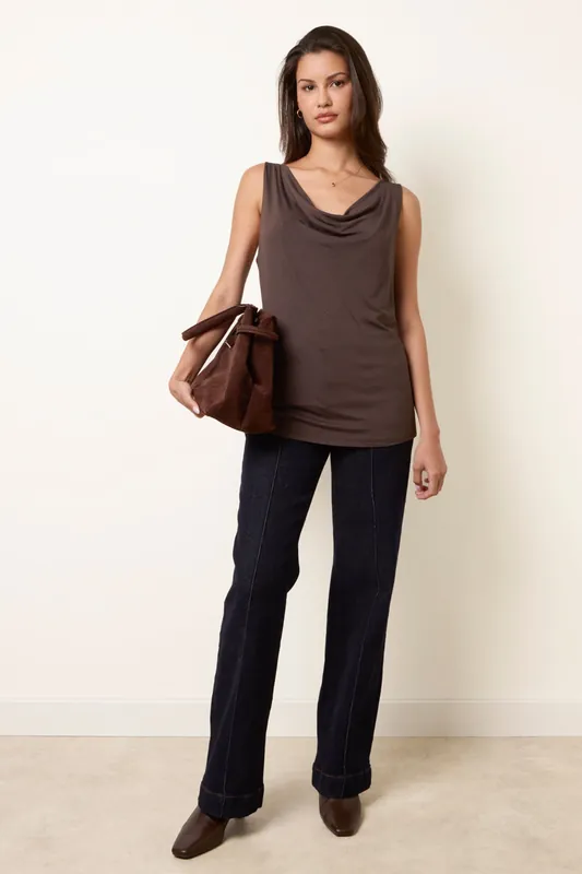Brown Sleeveless Cowl Neck Viscose Jersey Top - Blue Vanilla