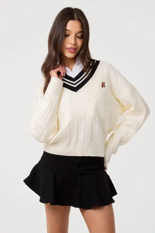Ivory V Neck Cable Knit Teddy Jumper - Pink Vanilla