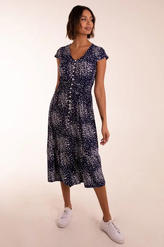 Button Through Shirred Waist Midi Dress - Blue Vanilla
