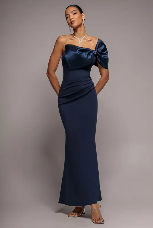 Off The Shoulder Satin Bow Neck Maxi Dress - Goddiva