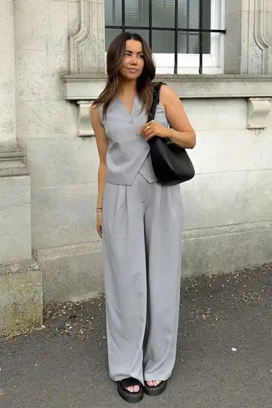 Asymmetric Buttoned V-Neck Waistcoat and Pleated Pants Coords Set
