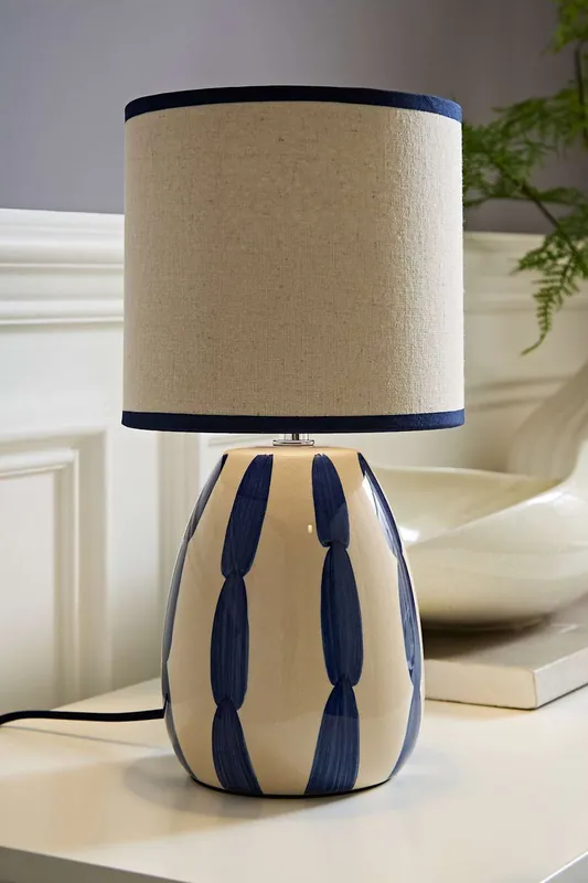 Brynn Natural and Navy Ceramic Stripe Table Lamp - ValueLights