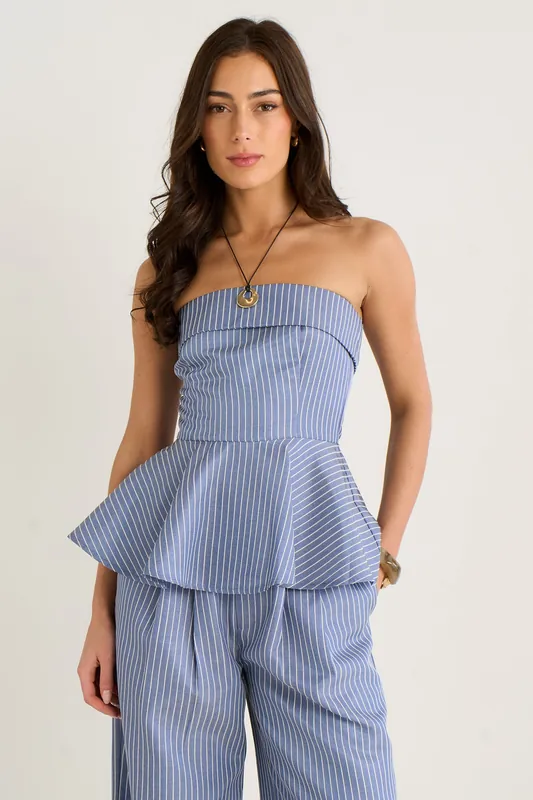 Blue Bardot Stripe Peplum Top - Gini London