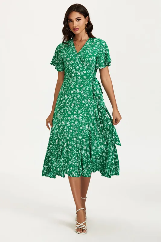 Floral Print Midi Wrap Dress In Green - FS Collection