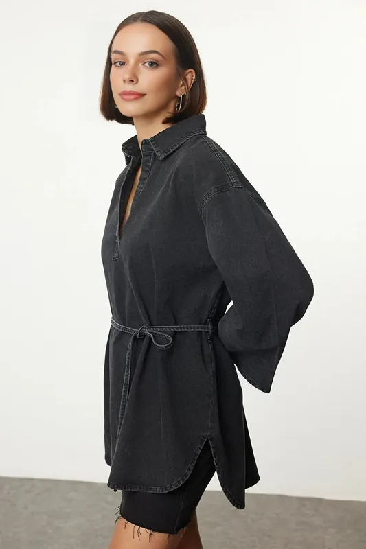Denim Shirt With Tie-Waist Detail