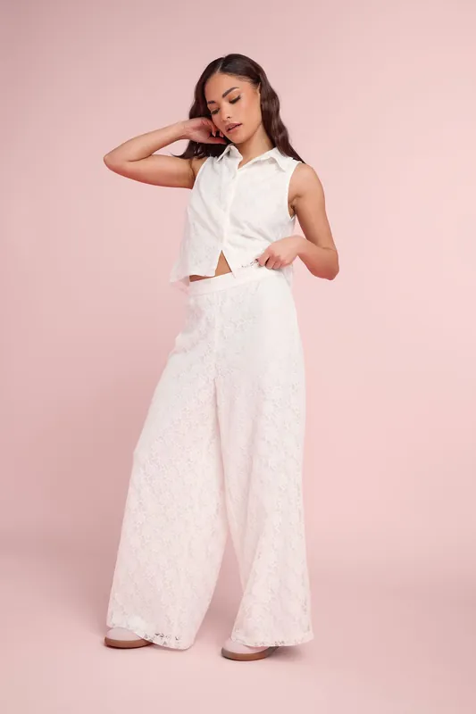 Petite Lace Lined Shirt & Wide Leg Trousers Set - PixieGirl