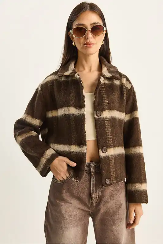 Striped Textured Button-Front Cropped Jacket