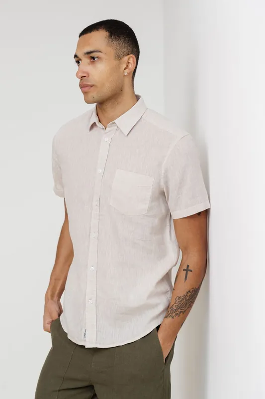 Linen Blend Short Sleeve Button-Up Shirt with Chest Pocket