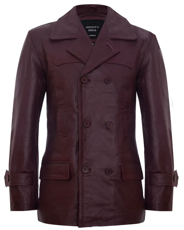 Cow Hide Dr Who Naval German Pea Coat Leather Jacket - Infinity Leather