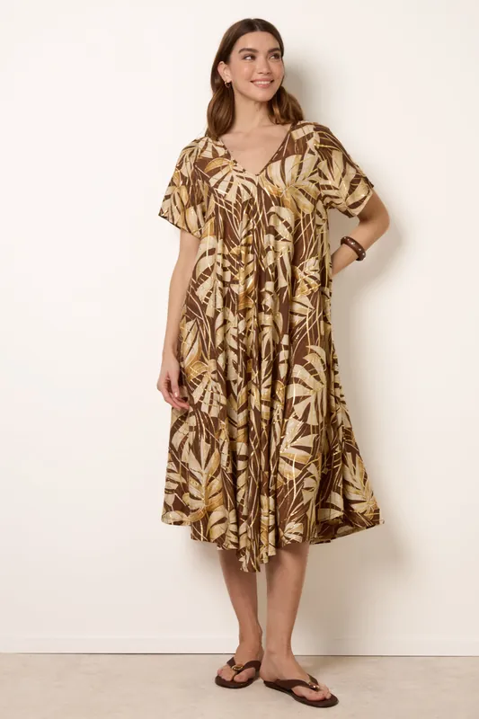 Brown Topical Print Kimono Style Oversized Dress - Blue Vanilla