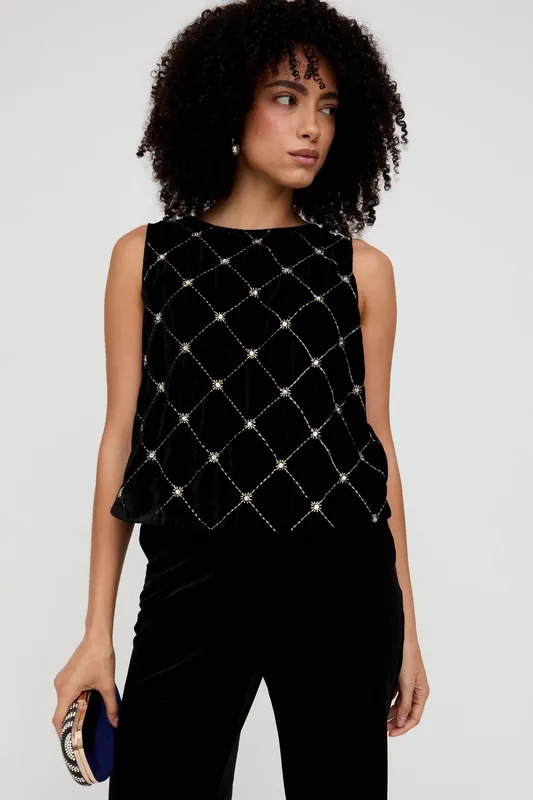 Chiva Beaded Velvet Top In Black - Lily and Lionel