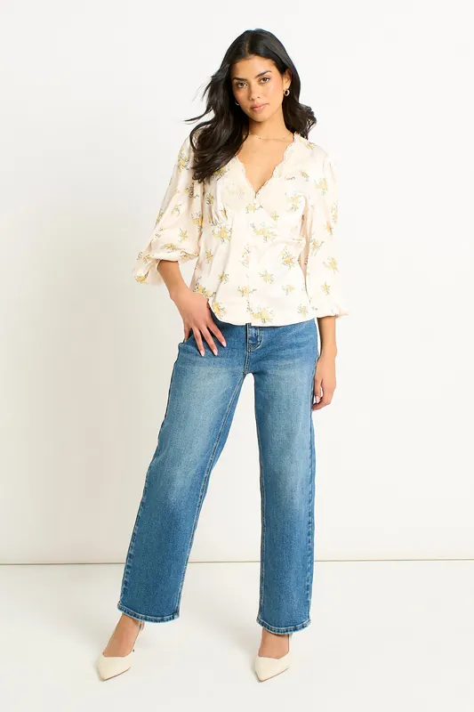Cream Lace Trim Satin Button Through Blouse - Gini London
