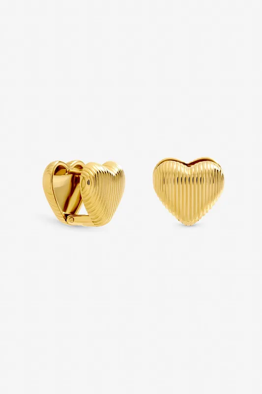 Gold Plated Waterproof Ribbed Heart Hoop Earrings - Jon Richard