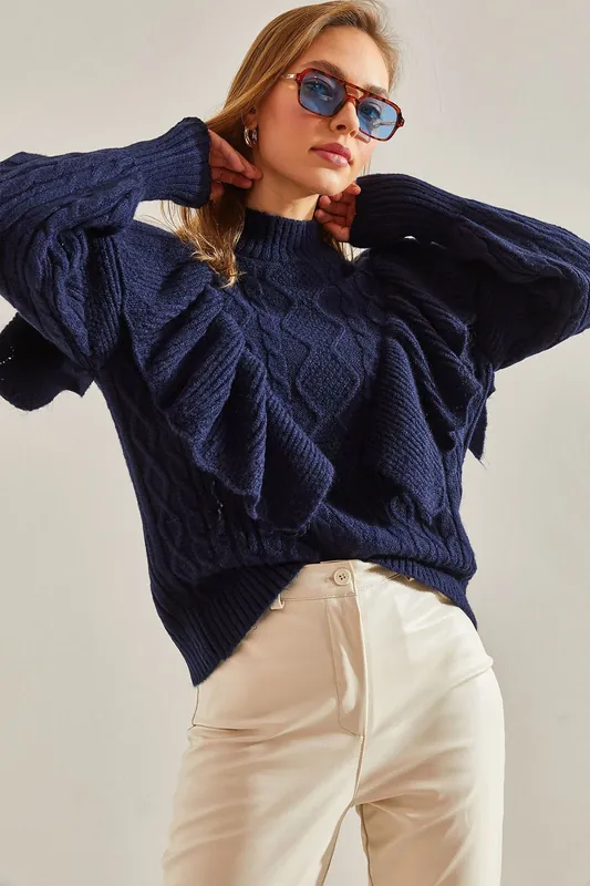 Textured Knitwear Sweater with Half Turtleneck - Bianco Lucci
